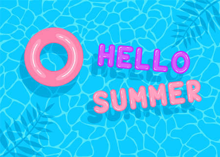Hello summer. Swimming pool with pink and purple floating inflatable letters and circle. Top viewのイラスト素材