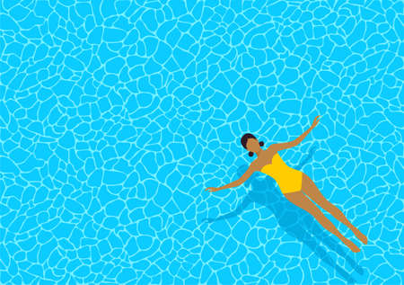 A woman in a yellow swimsuit floating relaxed on her back in the poolのイラスト素材