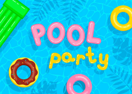Poster template for pool party. Colorful inflatable circles, mattress and letters float on the water...