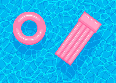 Swimming pool with floating inflatable pink circle and air mattress. Top viewのイラスト素材