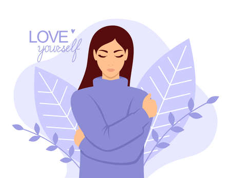 Woman with brown hair and closed eyes hugs herself. The concept of self-love. Flat illustration in blue tonesのイラスト素材