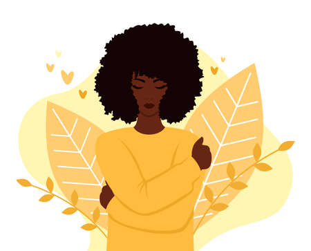 Beautiful african woman with curly hair and closed eyes hugs herself. The concept of self-love. Flat vector illustrationのイラスト素材