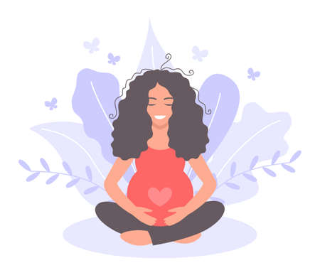 Beautiful pregnant woman with closed eyes and a smile meditating in a lotus positionのイラスト素材