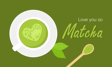 Japanese green matcha tea with heart-shaped foam in a cup, decorated by leaves, powder in a bamboo...