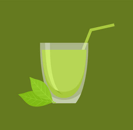 Japanese green latte matcha tea in a glass decorated with leaves with a straw, on a green backgroundのイラスト素材
