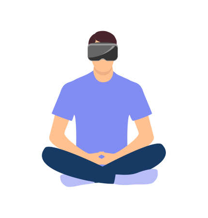 A man in virtual reality glasses and blue clothes in a lotus position on a white backgroundのイラスト素材