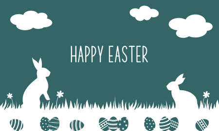 Easter greeting card. White rabbits and easter eggs in a grass and white clouds on a blue turquoise backgroundのイラスト素材