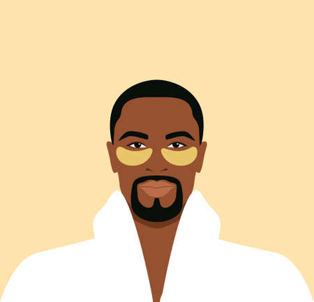 Bearded african man in a white bathrobe with gold eye patches on his face. Daily skincare routineのイラスト素材