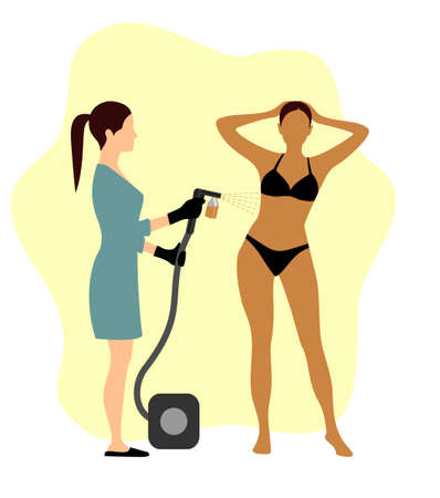 Beauty master applying tan spray on a woman's body. Vector illustration of auto tanning procedure in flat styleのイラスト素材
