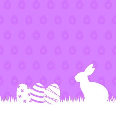 White rabbit and Easter eggs in a grass on a purple patterned background with copy space. Vector Easter illustrationのイラスト素材