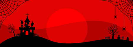 Black silhouettes of castle, tree, spiders on web and graveyard on a red background with full moon and copy space. Halloween banner. Flat vector illustrationのイラスト素材