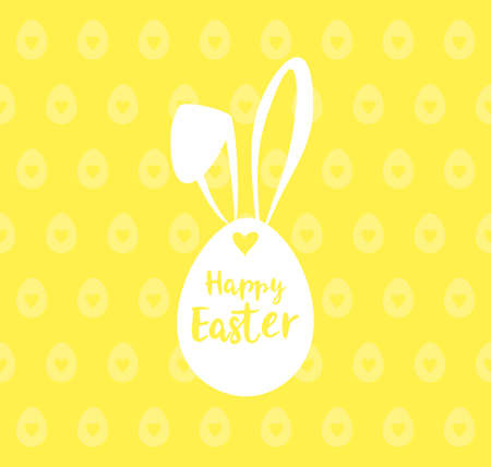 Happy Easter greeting card. White egg with easter bunny ears on a yellow background with pattern of eggsのイラスト素材