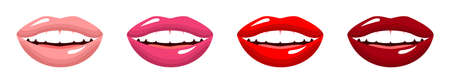 Vector set of female smiling mouths with pink and red lips. Lipstick or lip gloss paletteのイラスト素材