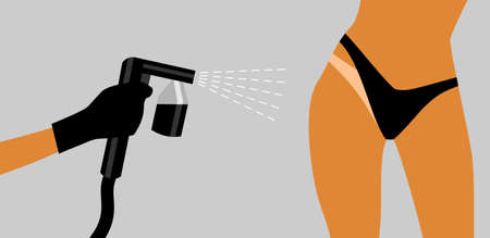 Hand in a black glove with a black spray tan machine sprays tan on a woman's body in black bikini. Vector illustration of auto tanning procedureのイラスト素材