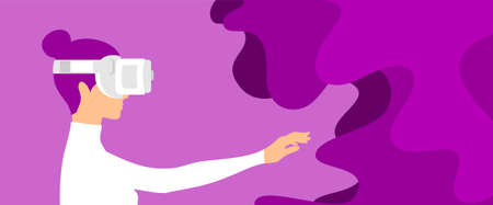 A woman with purple hair in white virtual reality glasses and a white sweater reaches for abstract purple shapes. The concept of virtual 3D realityのイラスト素材