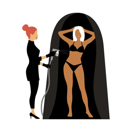 Beauty master in a black suit applying tan spray on a woman's body in a protective tent. Vector illustration of auto tanning procedureのイラスト素材