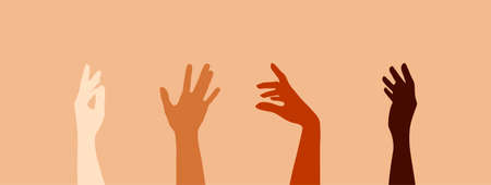 Four raised female hands of different skin color on a beige background. The concept of women's...
