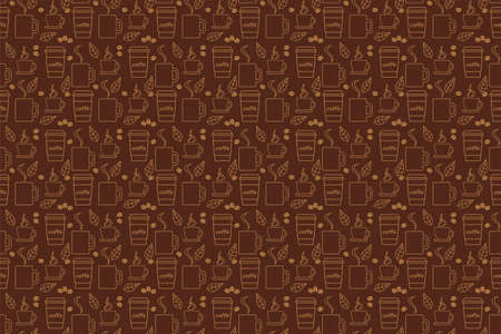 Seamless pattern of beige coffee cups, grains and leaves on a brown background.
