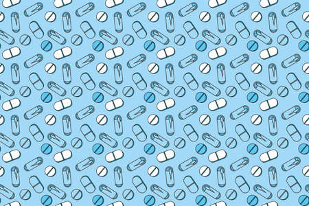 Pills and capsules of different shapes on a blue background. Seamless vector pattern