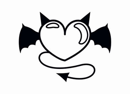Black and white devil heart with horns, tail and wings isolated on a white backgroundのイラスト素材