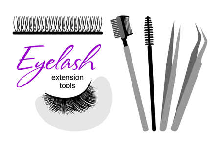 Eyelash extension tools. Vector set of eyelashes, patches, brushes and tweezersのイラスト素材