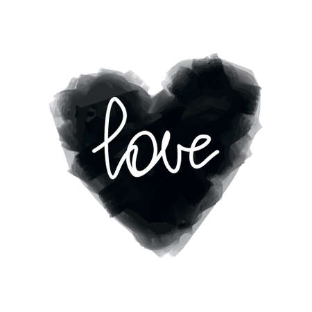 Soft black painted watercolor heart with handwritten word love on a white backgroundのイラスト素材