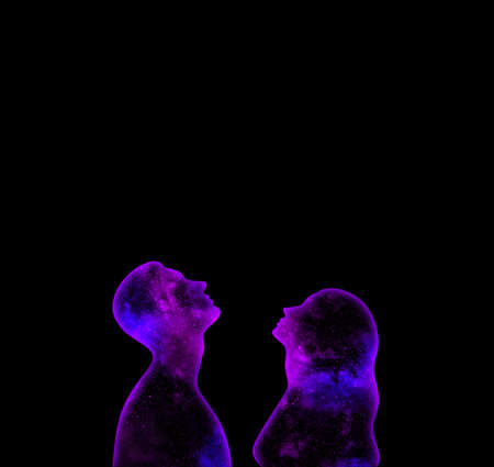Purple and blue shining starry universe in the form of a man and a woman looking up on a black backgroundの写真素材