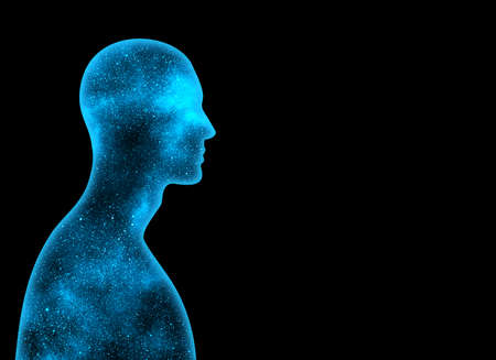 Blue shining star universe in the shape of a man on a black backgroundの写真素材