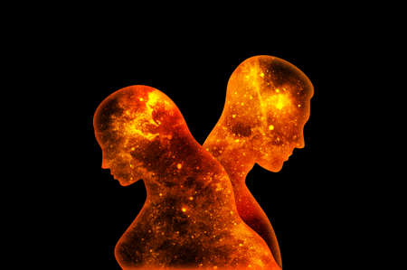 Orange space man and woman stand back to back on a black background