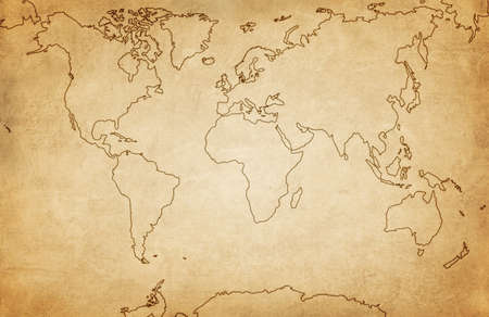 Outline world map on old paper background
