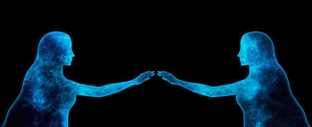 Blue space female silhouettes reach out to each other on a black backgroundの写真素材