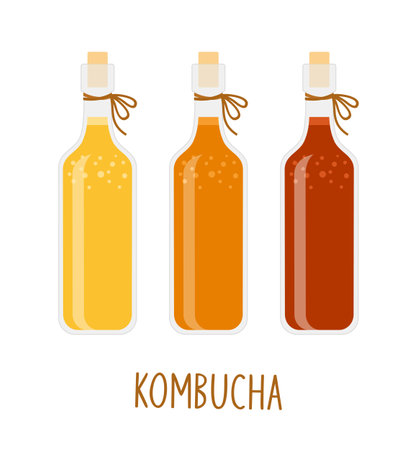 Homemade kombucha tea of different colors in glass bottles on a white backgroundのイラスト素材