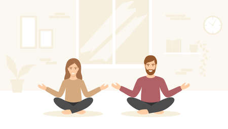 Couple in casual clothes meditating together at home. Vector illustration in flat styleのイラスト素材