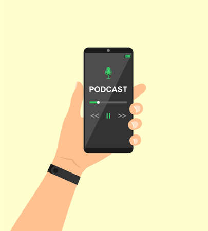 Hand holding mobile smartphone with podcast app on screen. Flat vector illustrationのイラスト素材