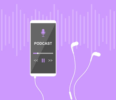 Mobile smartphone with podcast app on screen and earphones on purple background with sound waves. Flat vector illustrationのイラスト素材
