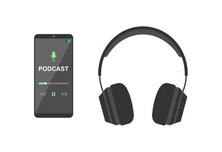 Mobile smartphone with podcast app on screen and headphones on white background. Flat vector illustrationのイラスト素材