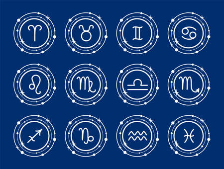 Vector set of white zodiac signs on a blue backgroundのイラスト素材