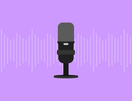 Black microphone on a purple background with sound waves. Flat vector illustrationのイラスト素材