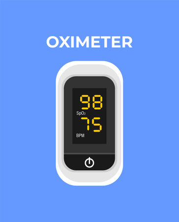 White pulse oximeter on a blue background. Medical device for measuring the blood oxygen saturation...