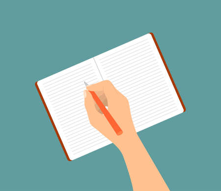 A hand writing with a pen in a notebook on a blue background. Vector illustration in flat styleのイラスト素材