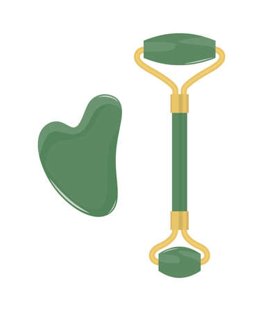 Green jade gua sha stone and massage roller isolated on a white background. Vector illustrationのイラスト素材