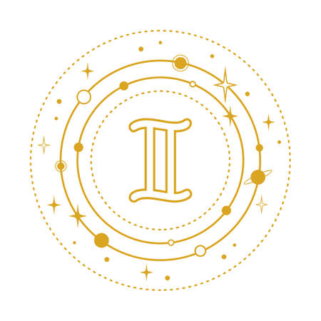 Golden Gemini sign stylized with planets and stars in orbits on a white backgroundのイラスト素材