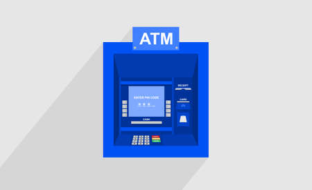 Blue ATM machine on gray background. Vector illustrationのイラスト素材