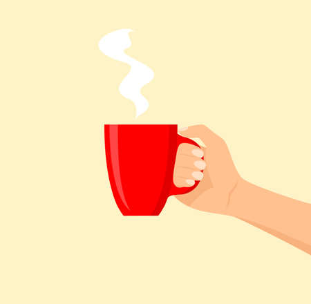 A hand holding a red cup with a hot drink. Flat vector illustrationのイラスト素材