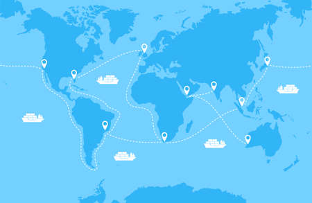 Blue world map with white ships and sea transport routes. Vector illustrationのイラスト素材