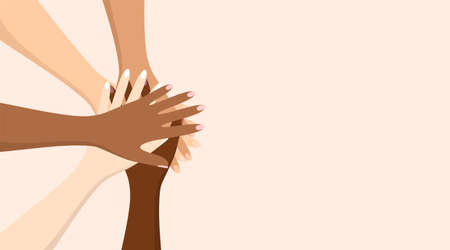 People of different ethnicity putting their hands together in unity gesture on a beige background with copy space. Concept of support, cooperation and teamwork. Flat vector illustrationのイラスト素材