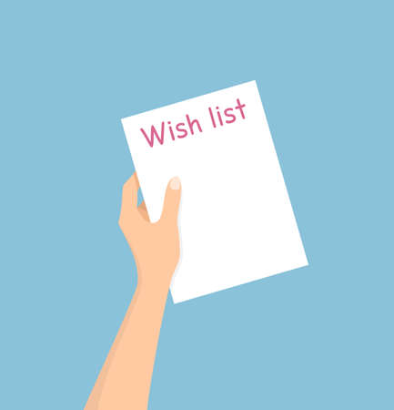 A hand holding a white sheet of paper with a wish list on a blue background. Flat vector illustrationのイラスト素材