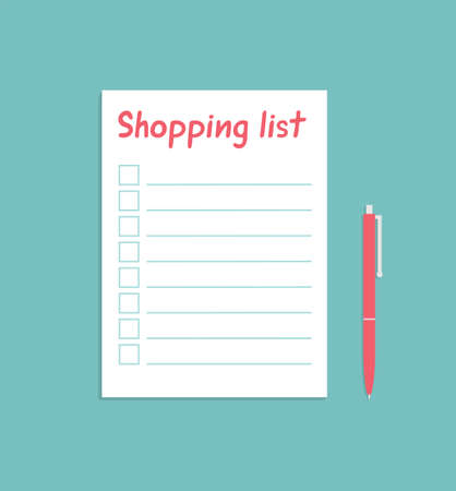 A white sheet of paper with a shopping list and a pen on a turquoise background. Flat vector illustrationのイラスト素材
