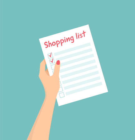 A woman's hand holding a shopping list. Flat vector illustrationのイラスト素材