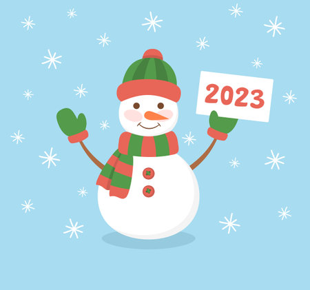 A cute snowman in a hat, scarf and mittens holding a sign with the number 2023 on a blue snowy background. Flat vector illustrationのイラスト素材